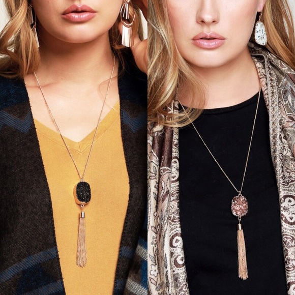 Druzy stone pendant necklace gold chain tassel - Picture 3 of 8